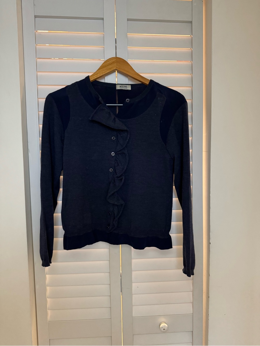 Moschino Navy Ruffle-Front Long Sleeve Top